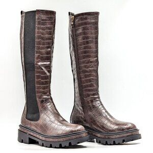 Torgeis NY Women Brown Croc Vegan Leather Stretch Elastic Panel Knee Boots sz 6.